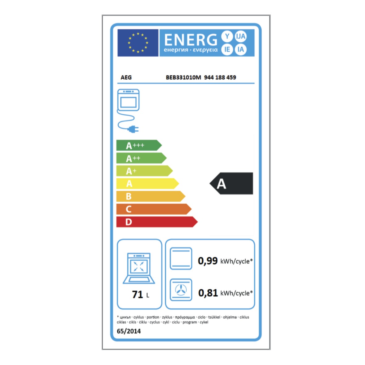 Energielabel - AEG BEB331010M Einbaubackofen + Vollauszug TR1LFV 1fach für Backblech - Energielabel - Energielabel - Energielabel - Energielabel - Energielabel. (Markenname: dein-Hausgerät)