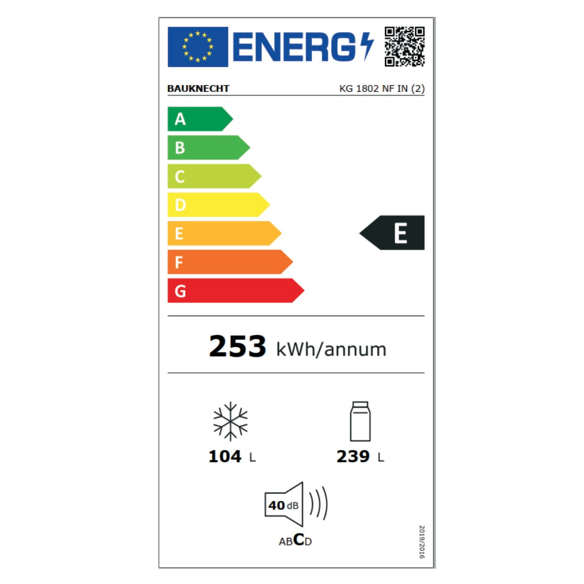 Energielabel Bauknecht KG1802NFIN KühlGefrierKombination 191,2x59,6cm