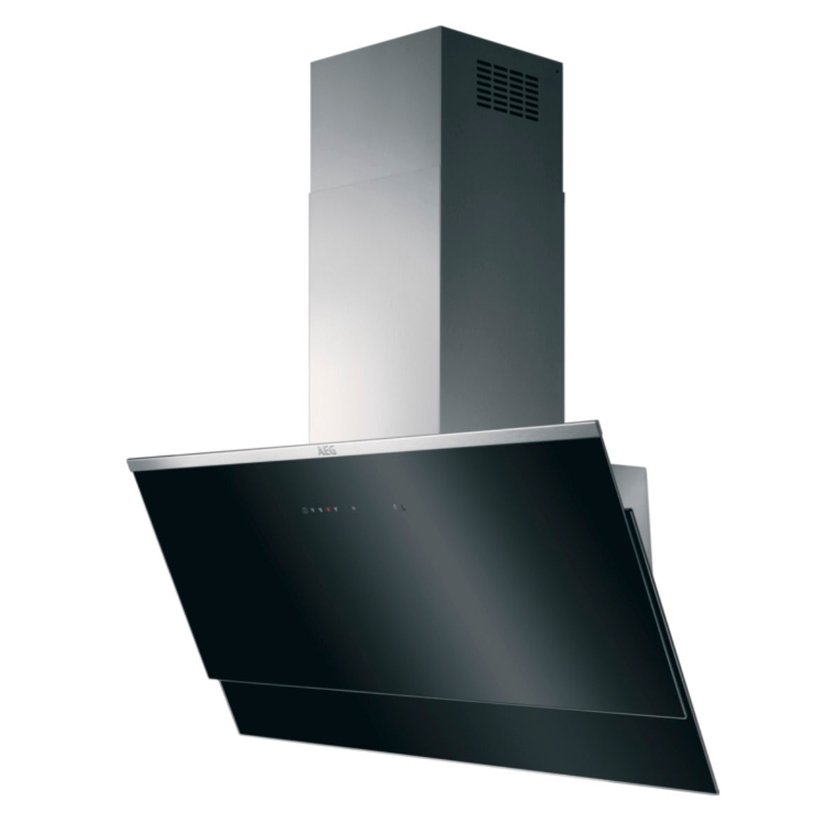 Eine schwarz-silberne AEG DVS597AHG Kopffreihaube 90cm Hoob²Hood mit weißem Hintergrund von dein-Hausgerät.