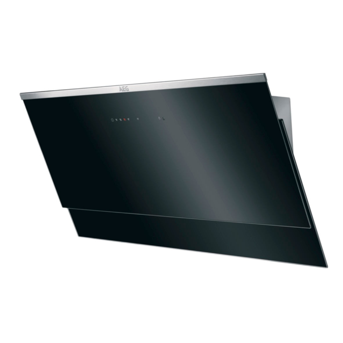 Eine AEG DVS597AHG Kopffreihaube 90cm Hoob²Hood von dein-Hausgerät ist eine schwarze Haube auf weißem Hintergrund.