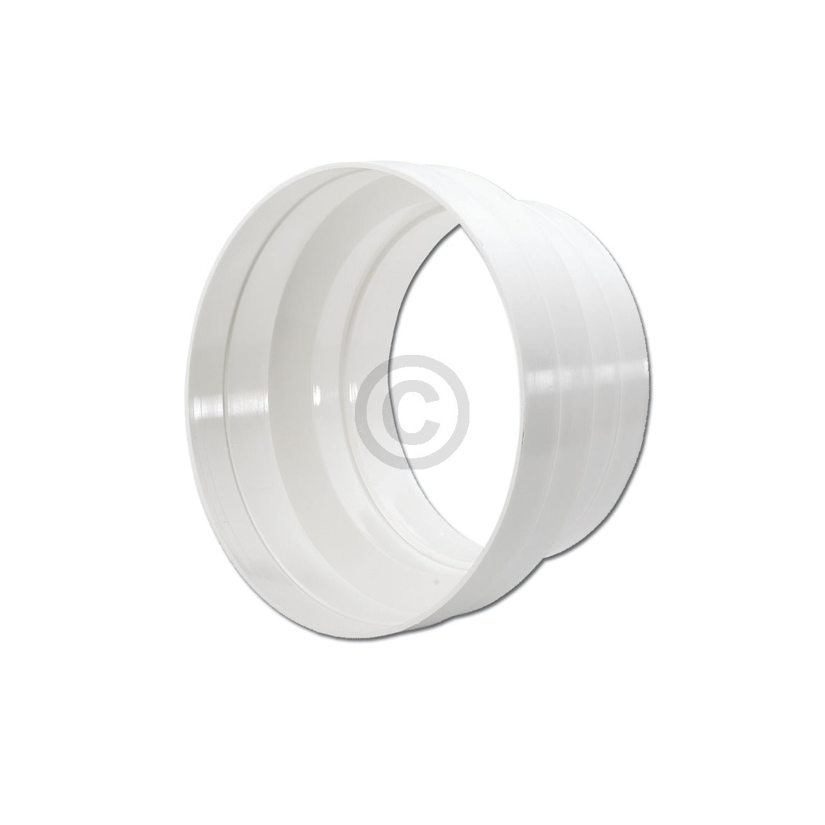 Ein dein-Hausgerät Adapter 125/150erØ für Abluftschlauch Rohr für Belüftungstechnik auf weißem Hintergrund.