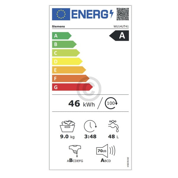 Energielabel SIEMENS WU14UT41 Waschmaschine unterbaufähig 9kg 1351UpM
