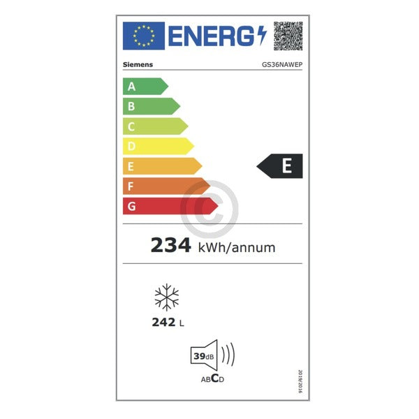 Energielabel SIEMENS GS36NAWEP Standgefrierschrank 186x60cm weiß